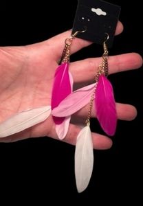 Dangle Feather Earrings  Pink white gold tone beautiful